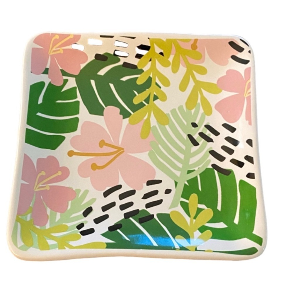 Floral Square Ceramic Plate, Trinket Tray. Green and Pink.
